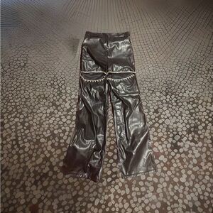 SHEIN Black Faux Leather Wide Leg Pants with Pearl Trim